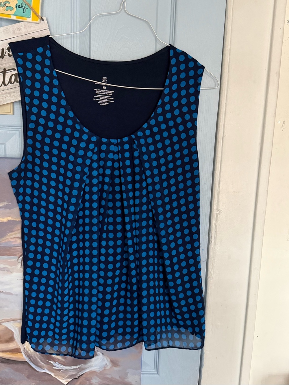 NY & Company Navy Blue Top with Bright Blue Polka Dots